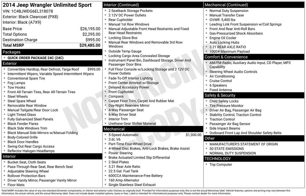 2014 Jeep Wrangler Unlimited Sport Black 3-Piece Hard Top