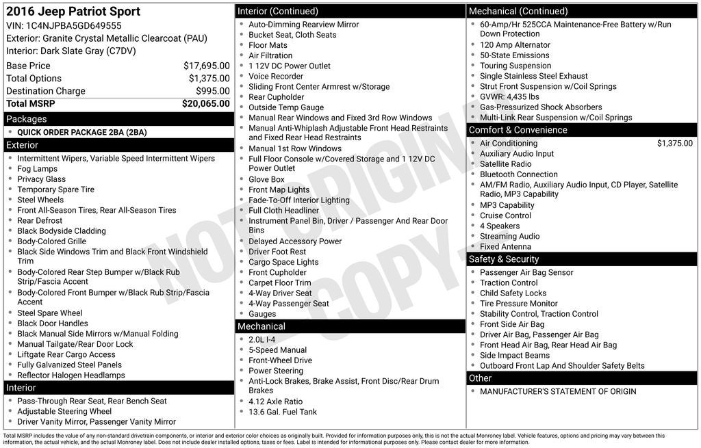 2016 Jeep Patriot Sport Hands Free Blue Tooth & Backup Camera