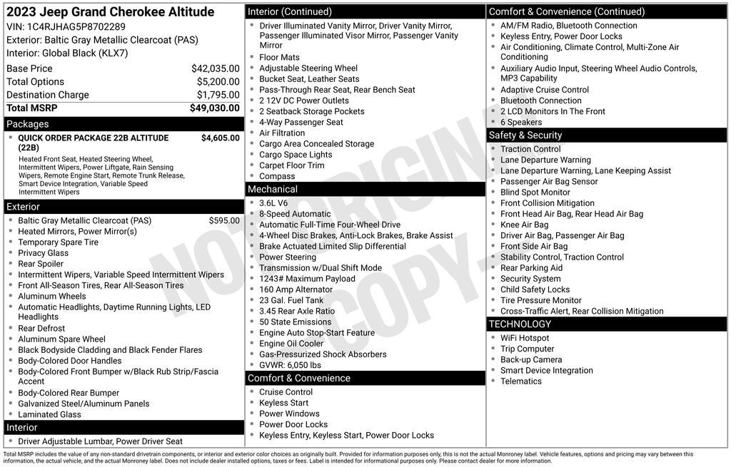 2023 Jeep Grand Cherokee Altitude ParkView Rear Back-Up Camera & Radio: Uconnect 5 w