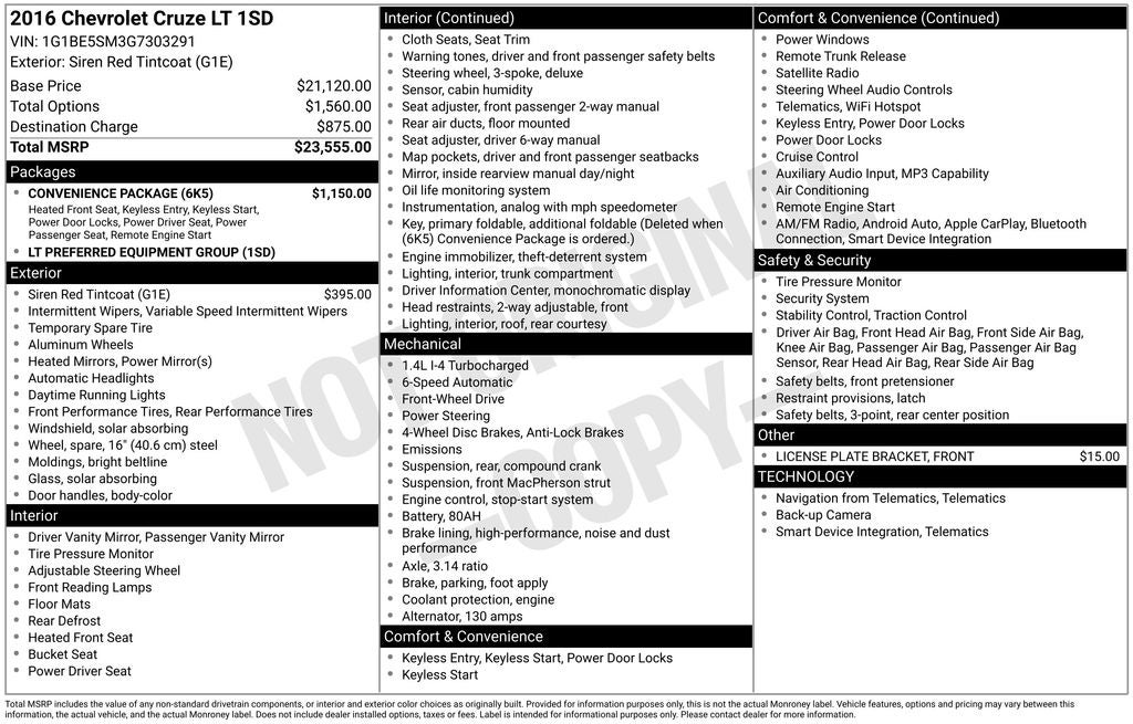 2016 Chevrolet Cruze LT Convenience Package
