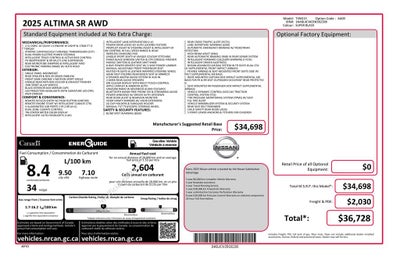 2025 Nissan Altima 2.5 SR Single Panel Moonroof