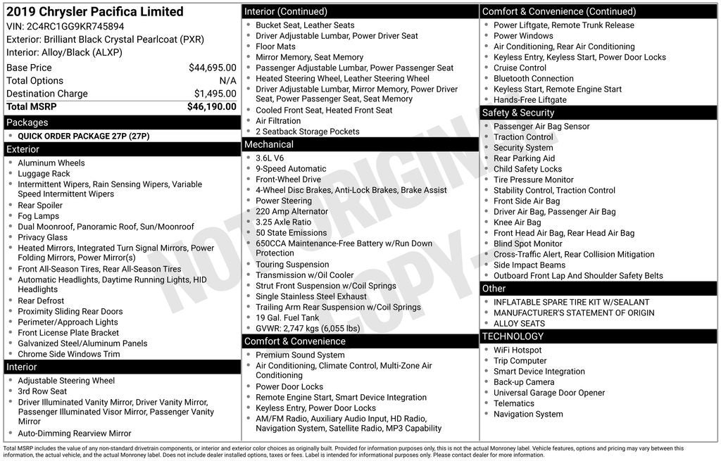 2019 Chrysler Pacifica Limited Navigation System