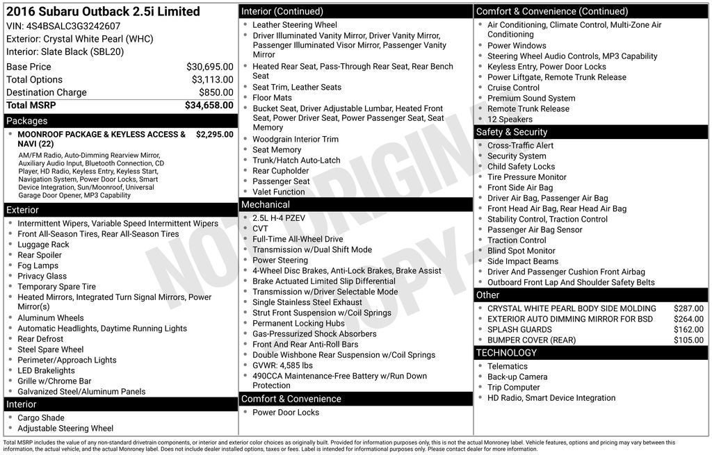 2016 Subaru Outback 2.5i Limited