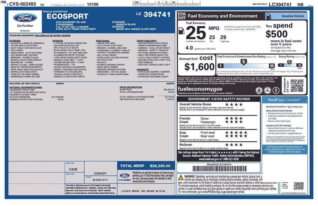 2020 Ford EcoSport SE Power moonroof & Exterior Parking Camera Rear