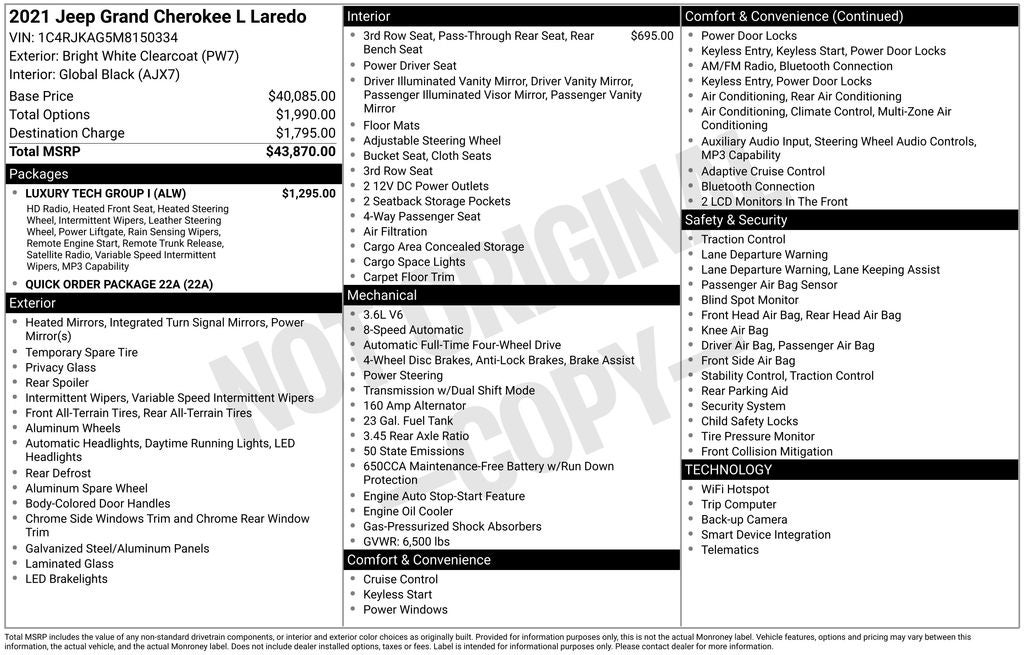 2021 Jeep Grand Cherokee L Laredo LUXURY TECH PKG V6 4x4 HEATED SEATS REAR CAMERA