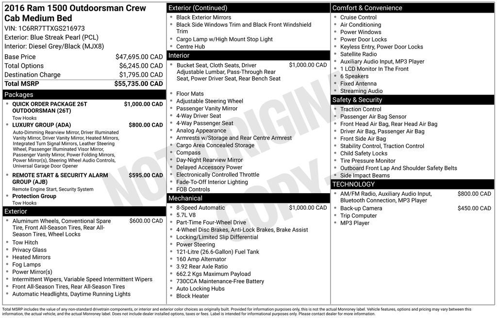 2016 RAM 1500 Outdoorsman Outdoorsman Crew Cab 4x4 Luxury Group V8 5.7 Liter