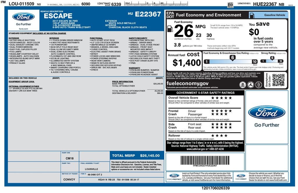 2017 Ford Escape SE Rear Camera Keyless Entry Sync Power Seat
