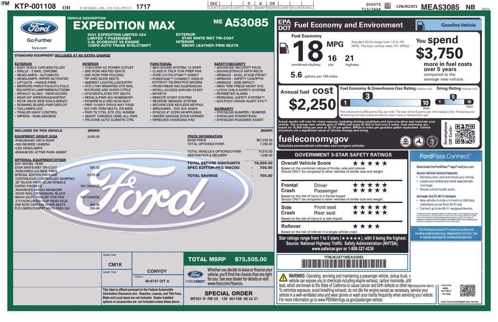 2021 Ford Expedition Max Limited 4X4 NAVIGATION MOONROOF HEATED LEATHER