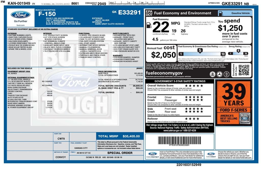 2016 Ford F-150 XL 2.7 LITER REAR CAMERA POWER PKG TOW PKG