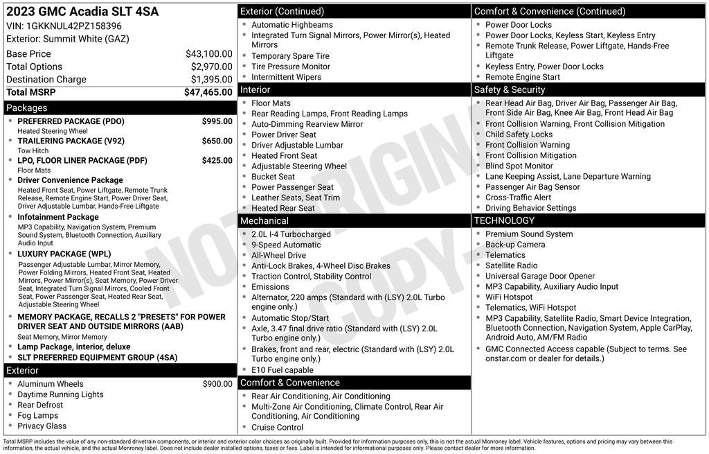 2023 GMC Acadia SLT LUX PREFERED PKG NAV LEATHER 3RD ROW R CAMERA