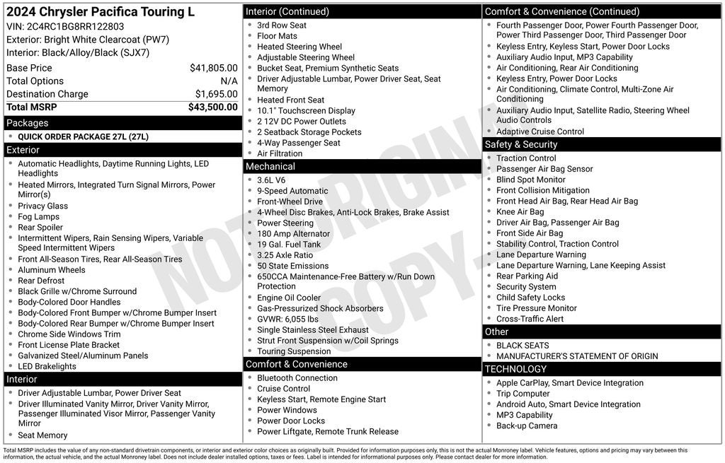 2024 Chrysler Pacifica Touring L Leather Quad Seats Power Doors Rear Camera