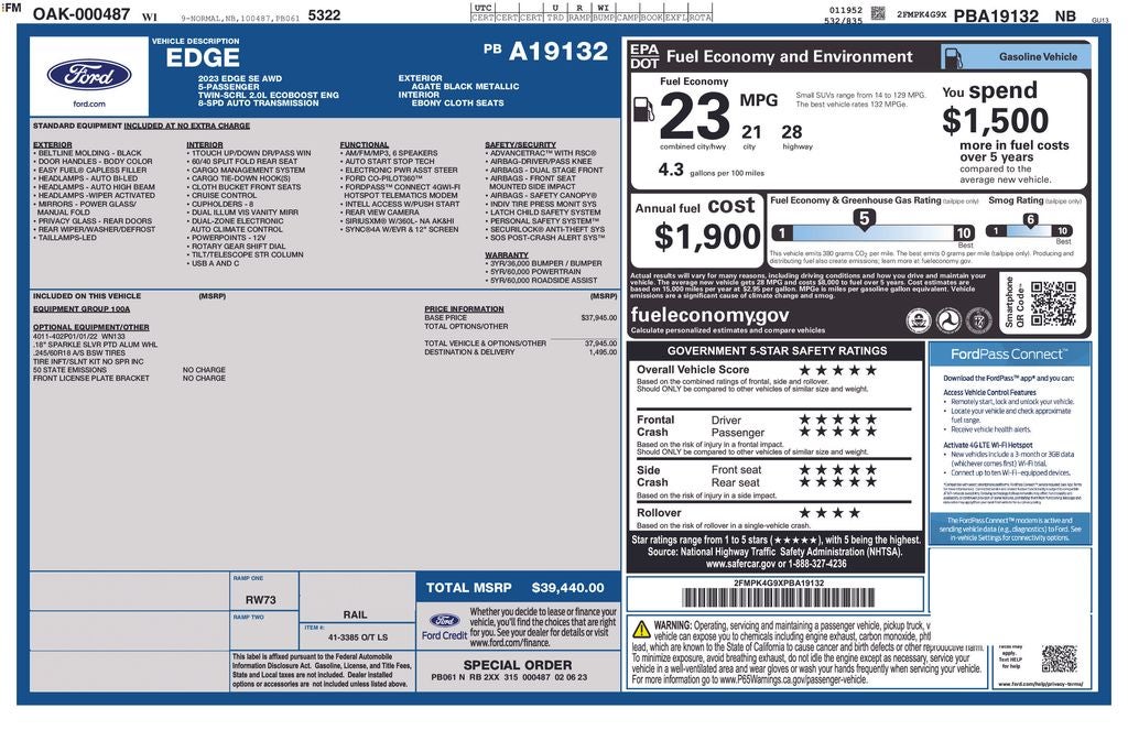 2023 Ford Edge SE AWD Power Seat Rear Camera