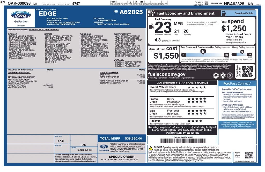 2022 Ford Edge SEL AWD Leather Rear Camera Power Seat Alloys