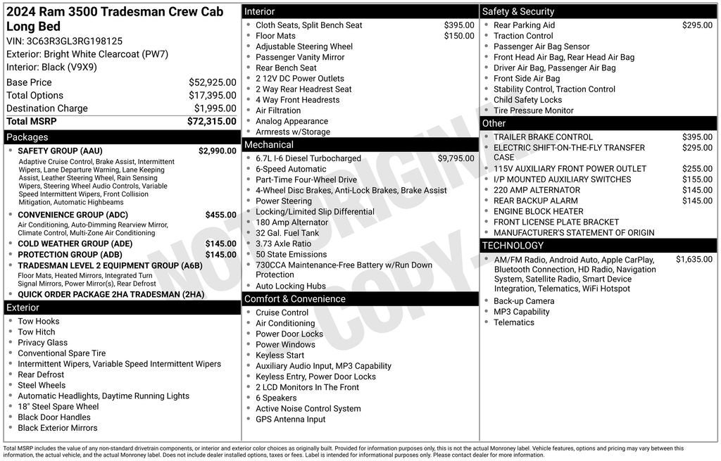 2024 RAM 3500 Tradesman CREW CAB 4X4 NAVIGATION 6.7 TURBO DIESEL REAR CAME