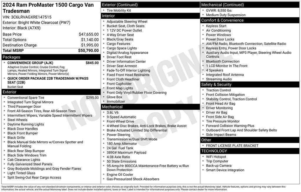 2024 RAM ProMaster 1500 Low Roof V6 Extended Low Roof Tradesman Cargo Van