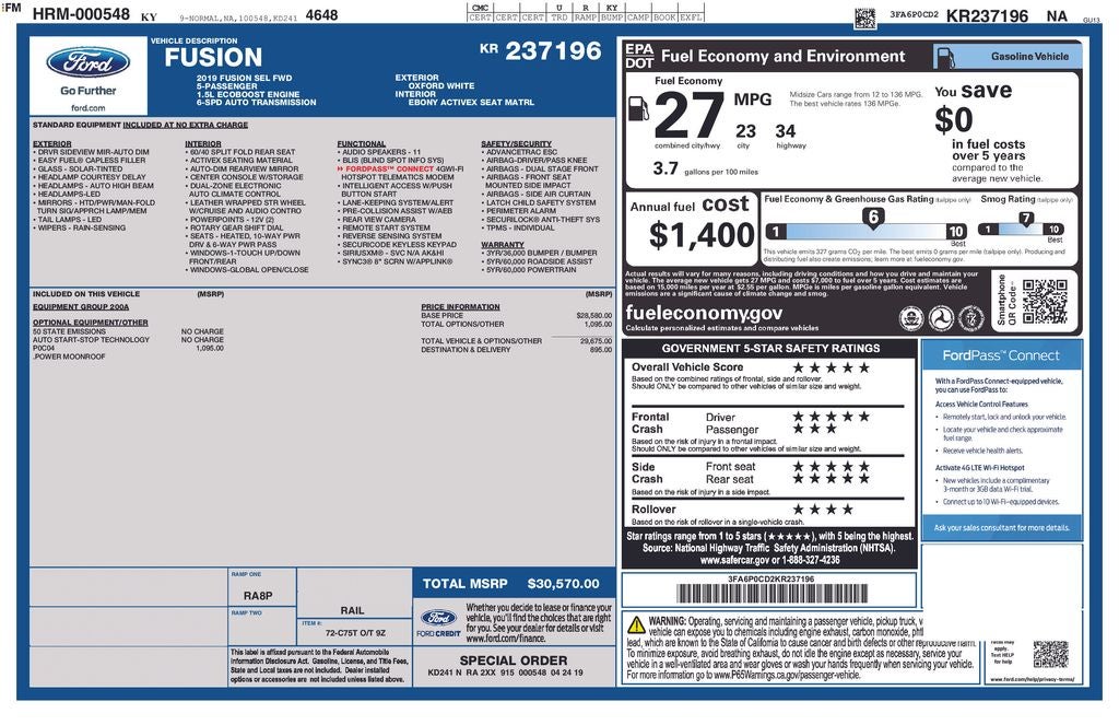 2019 Ford Fusion SEL Power Moonroof Rear Camera
